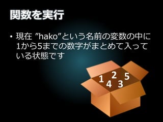 関数を実行
• 現在 ”hako”という名前の変数の中に
1から5までの数字がまとめて入って
いる状態です
1 2
34
5
 