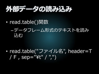 外部データの読み込み
• read.table()関数
–データフレーム形式のテキストを読み
込む
• read.table("ファイル名", header=T
/ F , sep="t" / ",")
 