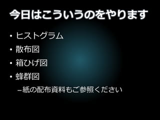 今日はこういうのをやります
• ヒストグラム
• 散布図
• 箱ひげ図
• 蜂群図
–紙の配布資料もご参照ください
 