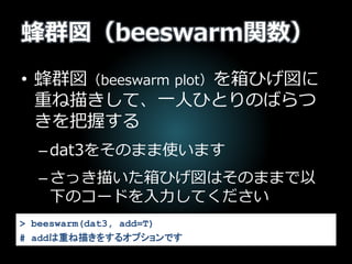 蜂群図（beeswarm関数）
• 蜂群図（beeswarm plot）を箱ひげ図に
重ね描きして、一人ひとりのばらつ
きを把握する
–dat3をそのまま使います
–さっき描いた箱ひげ図はそのままで以
下のコードを入力してください
> beeswarm(dat3, add=T)
# addは重ね描きをするオプションです
 