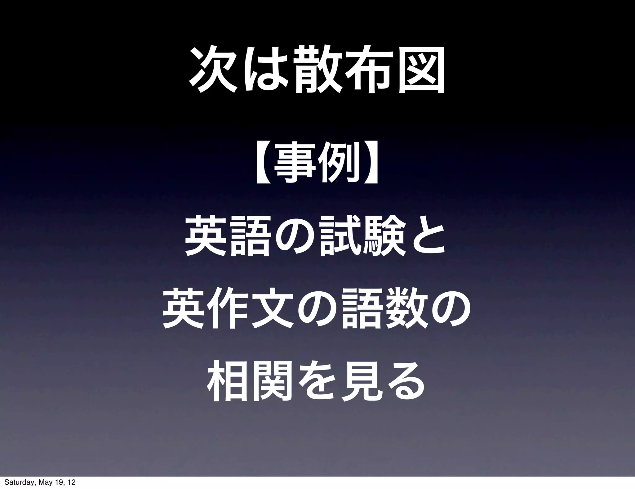 次は散布図
                        【事例】
                       英語の試験と
                       英作文の語数の
                        相関を見る
Saturday, May 19, 12
 