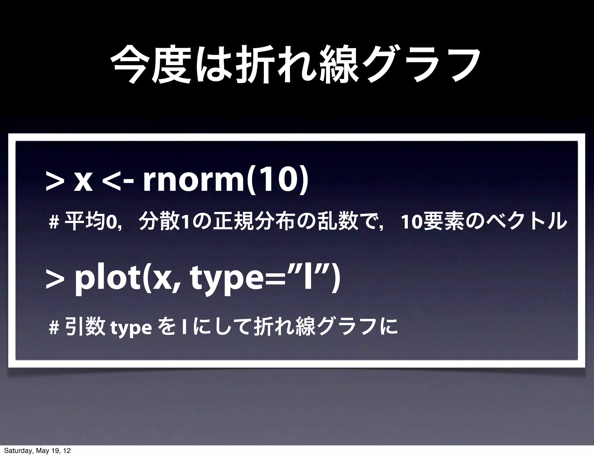 今度は折れ線グラフ

            > x <- rnorm(10)
             # 平均0，分散1の正規分布の乱数で，10要素のベクトル

            > plot(x, type=”l”)
             # 引数 type を l にして折れ線グラフに




Saturday, May 19, 12
 