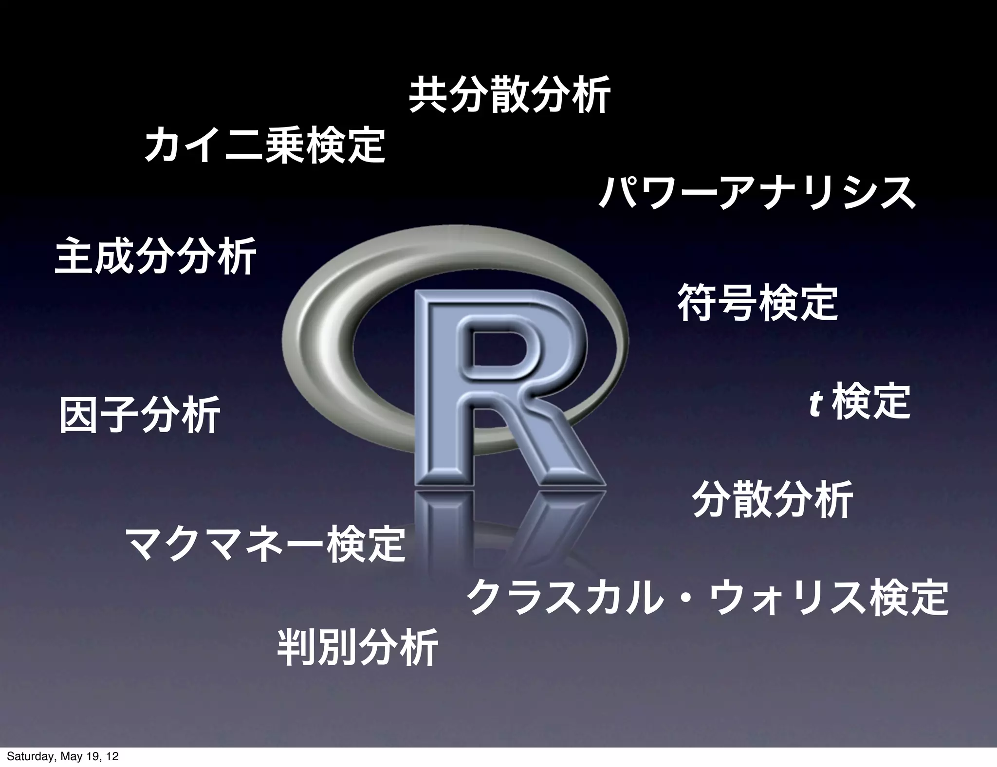 共分散分析
                       カイ二乗検定
                                     パワーアナリシス
        主成分分析
                                         符号検定

         因子分析                               t 検定

                                         分散分析
                       マクマネー検定
                                  クラスカル・ウォリス検定
                          判別分析

Saturday, May 19, 12
 