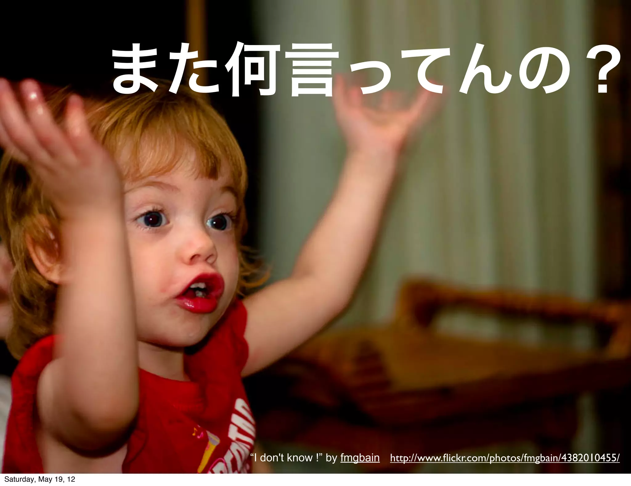 また何言ってんの？




                         “I don't know !” by fmgbain http://www.ﬂickr.com/photos/fmgbain/4382010455/
Saturday, May 19, 12
 