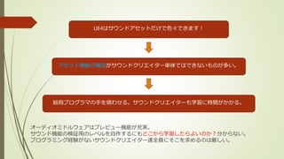 オーディオミドルウェアはプレビュー機能が充実。
サウンド機能の検証用のレベルを自作するにもどこから学習したらよいのか？分からない。
プログラミング経験がないサウンドクリエイター達全員にそこを求めるのは厳しい。
UE4はサウンドアセットだけで色々できます！
アセット機能の確認がサウンドクリエイター単体ではできないものが多い。
結局プログラマの手を煩わせる。サウンドクリエイターも学習に時間がかかる。
 