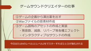 ゲームサウンドクリエイターの仕事
①ゲームの企画から演出案を出す
②Wavファイルの音素材作成
③ゲーム固有のアセットの作成と実装
・発音数、減衰、リバーブ等各種エフェクト
・インタラクティブなサウンドの作成
今日出たUE4のレベル1とレベル2をマスターすれば①と③が強化される
 