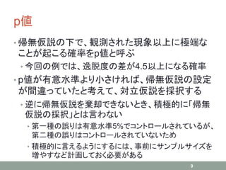 p値
• 帰無仮説の下で、観測された現象以上に極端な
ことが起こる確率をp値と呼ぶ
• 今回の例では、逸脱度の差が4.5以上になる確率
• p値が有意水準より小さければ、帰無仮説の設定
が間違っていたと考えて、対立仮説を採択する
• 逆に帰無仮説を棄却できないとき、積極的に「帰無
仮説の採択」とは言わない
• 第一種の誤りは有意水準5%でコントロールされているが、
第二種の誤りはコントロールされていないため
• 積極的に言えるようにするには、事前にサンプルサイズを
増やすなど計画しておく必要がある
9
 