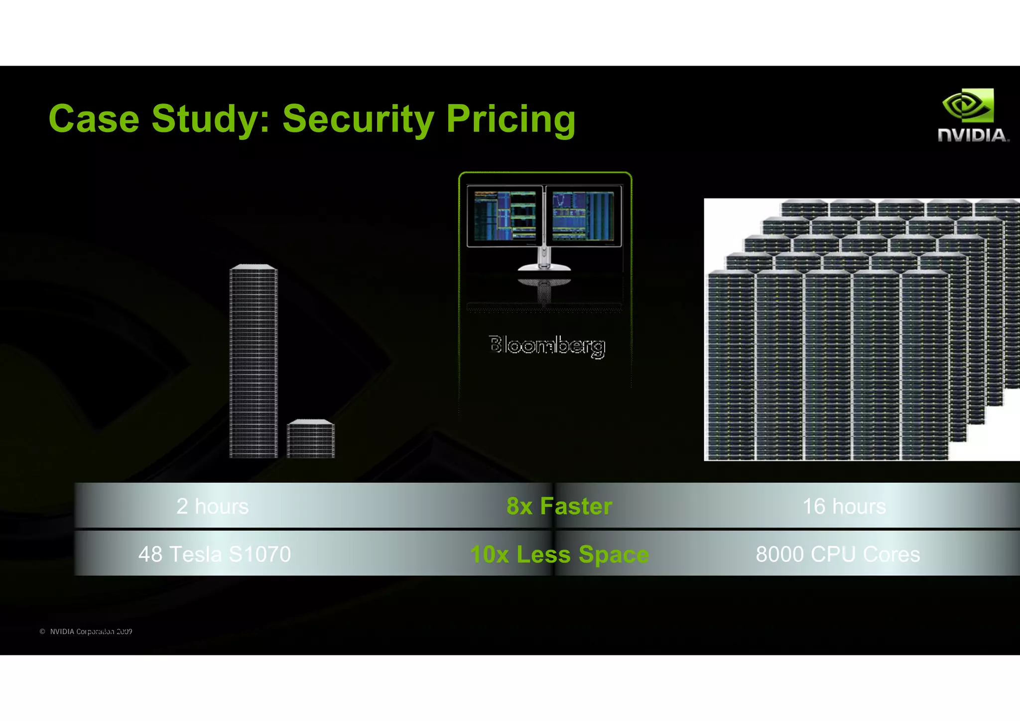 Case Study: Security Pricing




                               2 hours                               8x Faster         16 hours

                            48 Tesla S1070                         10x Less Space   8000 CPU Cores


            Source: Wall Street & Technology, September 24, 2009
© NVIDIA Corporation 2009
 