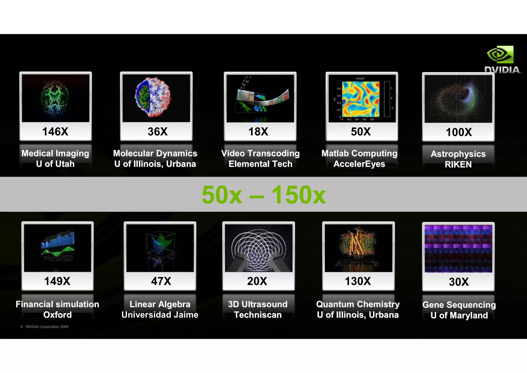 146X                     36X                   18X                    50X                 100X
 Medical Imaging             Molecular Dynamics       Video Transcoding    Matlab Computing        Astrophysics
   U of Utah                 U of Illinois, Urbana      Elemental Tech       AccelerEyes              RIKEN



                                                     50x – 150x


             149X                     47X                  20X                   130X                  30X
Financial simulation            Linear Algebra         3D Ultrasound      Quantum Chemistry       Gene Sequencing
      Oxford                   Universidad Jaime        Techniscan        U of Illinois, Urbana    U of Maryland
 © NVIDIA Corporation 2009
 