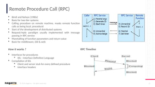 © 2019 Nagarro – All rights reserved 15
Remote Procedure Call (RPC)
 Birell and Nelson (1980s)
 Basis for two-tier systems
 Calling procedure on remote machine, masks remote function
calls as being local, procedural
 Start of the development of distributed systems
 Request/reply paradigm usually implemented with message
passing in RPC service
 Marshalling of function parameters and return value
 Basis for middleware, EAI & web
RPC Timeline
 Interfaces for procedures
 IDL – Interface Definition Language
 Compilation of IDL
 Client and server stub for every defined procedure
 Interface headers
How it works ?
 
