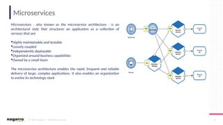 © 2019 Nagarro – All rights reserved 42
Microservices
Microservices - also known as the microservice architecture - is an
architectural style that structures an application as a collection of
services that are
Highly maintainable and testable
Loosely coupled
Independently deployable
Organized around business capabilities
Owned by a small team
The microservice architecture enables the rapid, frequent and reliable
delivery of large, complex applications. It also enables an organization
to evolve its technology stack
 