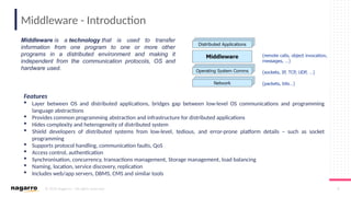© 2019 Nagarro – All rights reserved 8
Middleware - Introduction
Features
 Layer between OS and distributed applications, bridges gap between low-level OS communications and programming
language abstractions
 Provides common programming abstraction and infrastructure for distributed applications
 Hides complexity and heterogeneity of distributed system
 Shield developers of distributed systems from low-level, tedious, and error-prone platform details – such as socket
programming
 Supports protocol handling, communication faults, QoS
 Access control, authentication
 Synchronisation, concurrency, transactions management, Storage management, load balancing
 Naming, location, service discovery, replication
 Includes web/app servers, DBMS, CMS and similar tools
Middleware is a technology that is used to transfer
information from one program to one or more other
programs in a distributed environment and making it
independent from the communication protocols, OS and
hardware used.
 