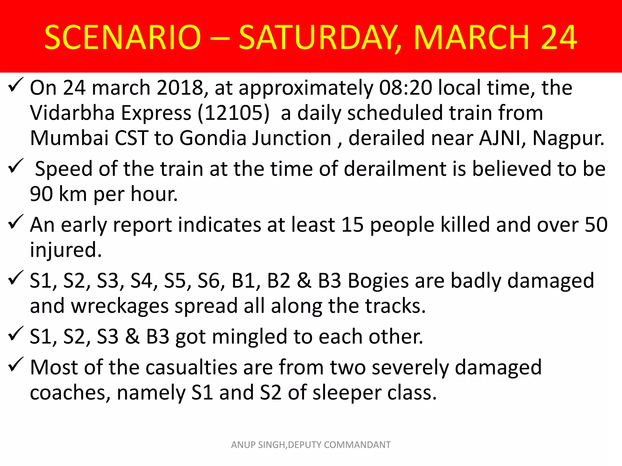 SCENARIO – SATURDAY, MARCH 24
 On 24 march 2018, at approximately 08:20 local time, the
Vidarbha Express (12105) a daily scheduled train from
Mumbai CST to Gondia Junction , derailed near AJNI, Nagpur.
 Speed of the train at the time of derailment is believed to be
90 km per hour.
 An early report indicates at least 15 people killed and over 50
injured.
 S1, S2, S3, S4, S5, S6, B1, B2 & B3 Bogies are badly damaged
and wreckages spread all along the tracks.
 S1, S2, S3 & B3 got mingled to each other.
 Most of the casualties are from two severely damaged
coaches, namely S1 and S2 of sleeper class.
ANUP SINGH,DEPUTY COMMANDANT
 