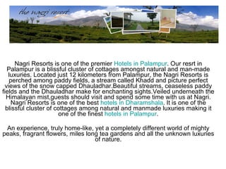 Nagri Resorts is one of the premier  Hotels in Palampur . Our resrt in Palampur is a blissful cluster of cottages amongst natural and man-made luxuries. Located just 12 kilometers from Palampur, the Nagri Resorts is perched among paddy fields, a stream called Khadd and picture perfect views of the snow capped Dhauladhar.Beautiful streams, ceaseless paddy fields and the Dhauladhar make for enchanting sights.Veiled underneath the Himalayan mist,guests should visit and spend some time with us at Nagri. Nagri Resorts is one of the best  hotels in  Dharamshala . It is one of the blissful cluster of cottages among natural and manmade luxuries making it one of the finest  hotels in Palampur . An experience, truly home-like, yet a completely different world of mighty peaks, fragrant flowers, miles long tea gardens and all the unknown luxuries of nature. 