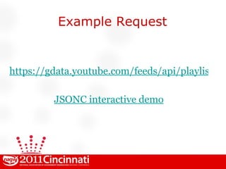 Example Request https://gdata.youtube.com/feeds/api/playlists/1D96B84306CAFDE0?v=2&alt=jsonc JSONC interactive demo 