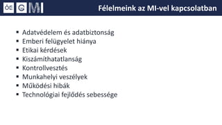  Adatvédelem és adatbiztonság
 Emberi felügyelet hiánya
 Etikai kérdések
 Kiszámíthatatlanság
 Kontrollvesztés
 Munkahelyi veszélyek
 Működési hibák
 Technológiai fejlődés sebessége
Félelmeink az MI-vel kapcsolatban
 