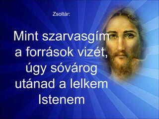 Zsoltár:
Mint szarvasgím
a források vizét,
úgy sóvárog
utánad a lelkem
Istenem
 