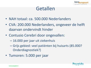 Getallen
• NAH totaal: ca. 500.000 Nederlanders
• CVA: 200.000 Nederlanders, ongeveer de helft
  daarvan ondervindt hinder
• Contusio Cerebri door ongevallen:
  – 16.000 per jaar uit ziekenhuis
  – Grijs gebied: veel patiënten bij huisarts (85.000?
    Onderdiagnostiek?)
• Tumoren: 5.000 per jaar
 