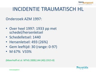 INCIDENTIE TRAUMATISCH HL
Onderzoek AZM 1997:

• Over heel 1997: 1933 pp met
  schedel/hersenletsel
• Schedelletsel: 1440
• Hersenletsel: 493 (26%)
• Gem leeftijd: 30 (range: 0-97)
• M 67% V33%

(Meerhoff et al. NTVG 2000;144 (40):1915-8)
 