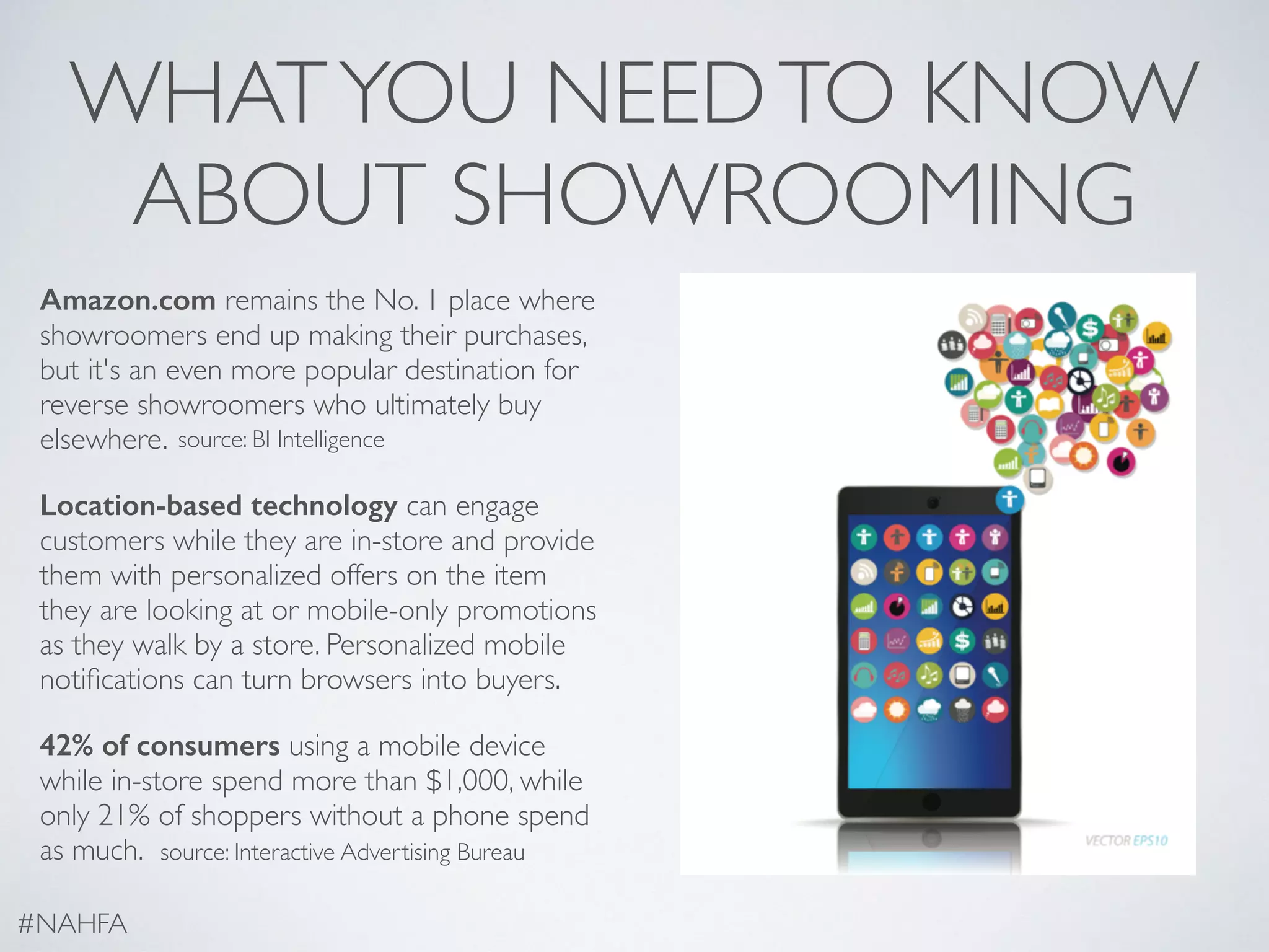 WHATYOU NEEDTO KNOW
ABOUT SHOWROOMING
Amazon.com remains the No. 1 place where
showroomers end up making their purchases,
but it's an even more popular destination for
reverse showroomers who ultimately buy
elsewhere.
Location-based technology can engage
customers while they are in-store and provide
them with personalized offers on the item
they are looking at or mobile-only promotions
as they walk by a store. Personalized mobile
notiﬁcations can turn browsers into buyers.
42% of consumers using a mobile device
while in-store spend more than $1,000, while
only 21% of shoppers without a phone spend
as much.
#NAHFA
source: Interactive Advertising Bureau
source: BI Intelligence
 