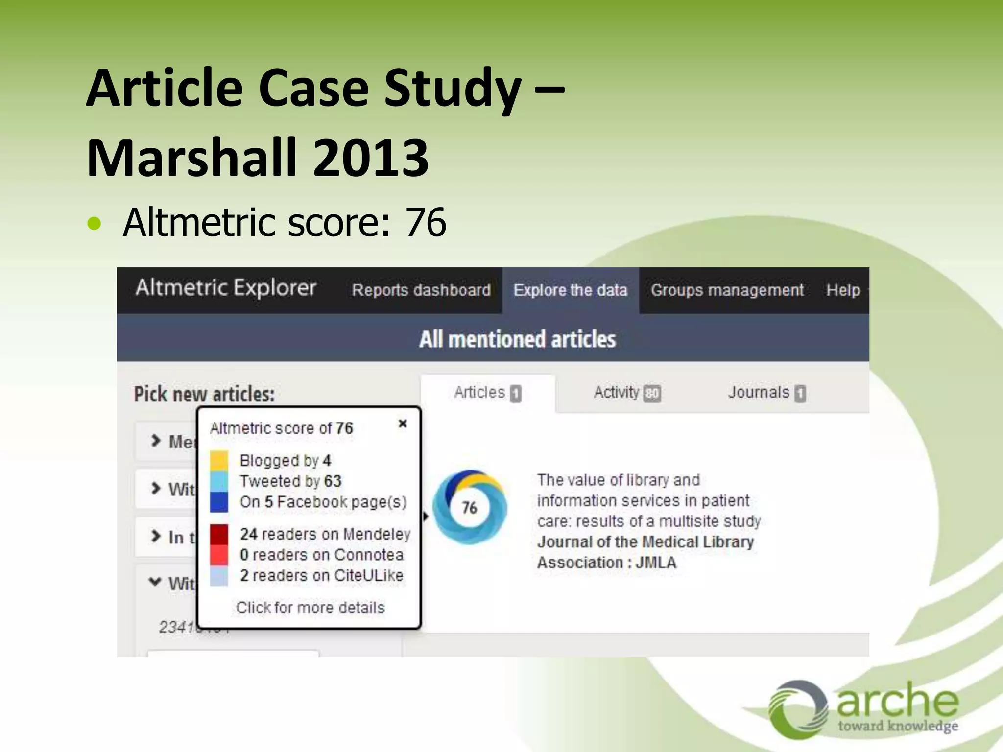 Article Case Study –
Marshall 2013
• Altmetric score: 76
 