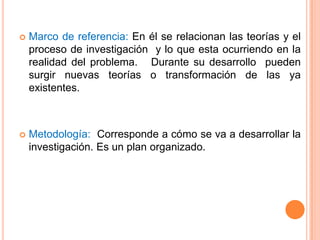   Marco de referencia: En él se relacionan las teorías y el
    proceso de investigación y lo que esta ocurriendo en la
    realidad del problema. Durante su desarrollo pueden
    surgir nuevas teorías o transformación de las ya
    existentes.



   Metodología: Corresponde a cómo se va a desarrollar la
    investigación. Es un plan organizado.
 