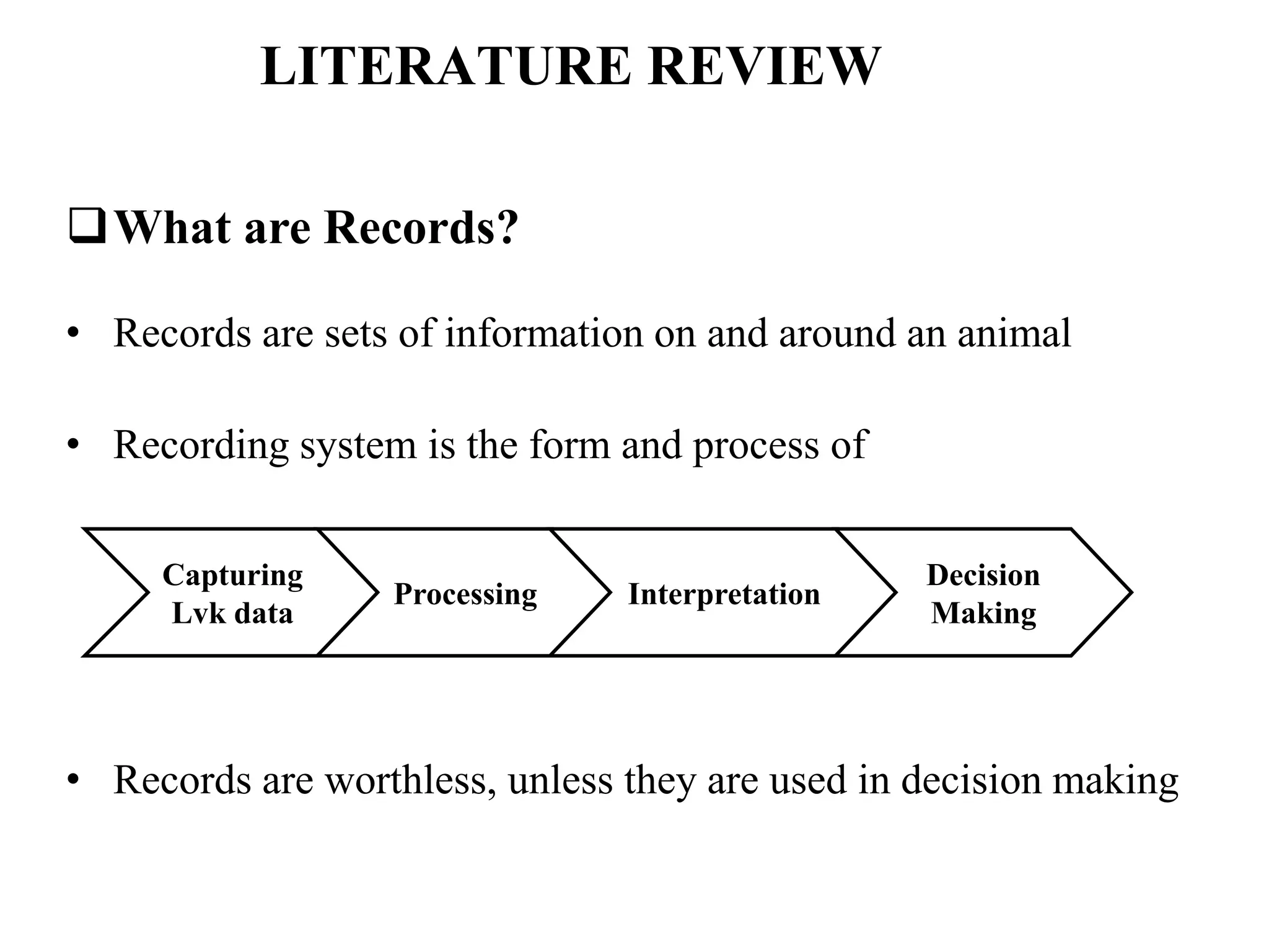 LITERATURE REVIEW
What are Records?
• Records are sets of information on and around an animal
• Recording system is the form and process of
• Records are worthless, unless they are used in decision making
Capturing
Lvk data
Processing Interpretation
Decision
Making
 