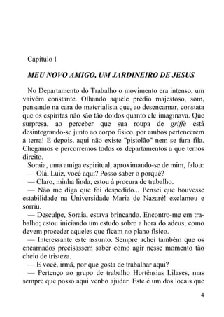4
Capítulo I
MEU NOVO AMIGO, UM JARDINEIRO DE JESUS
No Departamento do Trabalho o movimento era intenso, um
vaivém constante. Olhando aquele prédio majestoso, som,
pensando na cara do materialista que, ao desencarnar, constata
que os espíritas não são tão doidos quanto ele imaginava. Que
surpresa, ao perceber que sua roupa de griffe está
desintegrando-se junto ao corpo físico, por ambos pertencerem
à terra! E depois, aqui não existe "pistolão" nem se fura fila.
Chegamos e percorremos todos os departamentos a que temos
direito.
Soraia, uma amiga espiritual, aproximando-se de mim, falou:
— Olá, Luiz, você aqui? Posso saber o porquê?
— Claro, minha linda, estou à procura de trabalho.
— Não me diga que foi despedido... Pensei que houvesse
estabilidade na Universidade Maria de Nazaré! exclamou e
sorriu.
— Desculpe, Soraia, estava brincando. Encontro-me em tra-
balho; estou iniciando um estudo sobre a hora do adeus; como
devem proceder aqueles que ficam no plano físico.
— Interessante este assunto. Sempre achei também que os
encarnados precisassem saber como agir nesse momento tão
cheio de tristeza.
— E você, irmã, por que gosta de trabalhar aqui?
— Pertenço ao grupo de trabalho Hortênsias Lilases, mas
sempre que posso aqui venho ajudar. Este é um dos locais que
 