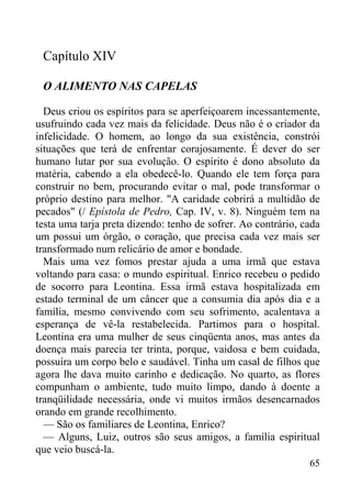 65
Capítulo XIV
O ALIMENTO NAS CAPELAS
Deus criou os espíritos para se aperfeiçoarem incessantemente,
usufruindo cada vez mais da felicidade. Deus não é o criador da
infelicidade. O homem, ao longo da sua existência, constrói
situações que terá de enfrentar corajosamente. É dever do ser
humano lutar por sua evolução. O espírito é dono absoluto da
matéria, cabendo a ela obedecê-lo. Quando ele tem força para
construir no bem, procurando evitar o mal, pode transformar o
próprio destino para melhor. "A caridade cobrirá a multidão de
pecados" (/ Epístola de Pedro, Cap. IV, v. 8). Ninguém tem na
testa uma tarja preta dizendo: tenho de sofrer. Ao contrário, cada
um possui um órgão, o coração, que precisa cada vez mais ser
transformado num relicário de amor e bondade.
Mais uma vez fomos prestar ajuda a uma irmã que estava
voltando para casa: o mundo espiritual. Enrico recebeu o pedido
de socorro para Leontina. Essa irmã estava hospitalizada em
estado terminal de um câncer que a consumia dia após dia e a
família, mesmo convivendo com seu sofrimento, acalentava a
esperança de vê-la restabelecida. Partimos para o hospital.
Leontina era uma mulher de seus cinqüenta anos, mas antes da
doença mais parecia ter trinta, porque, vaidosa e bem cuidada,
possuíra um corpo belo e saudável. Tinha um casal de filhos que
agora lhe dava muito carinho e dedicação. No quarto, as flores
compunham o ambiente, tudo muito limpo, dando à doente a
tranqüilidade necessária, onde vi muitos irmãos desencarnados
orando em grande recolhimento.
— São os familiares de Leontina, Enrico?
— Alguns, Luiz, outros são seus amigos, a família espiritual
que veio buscá-la.
 