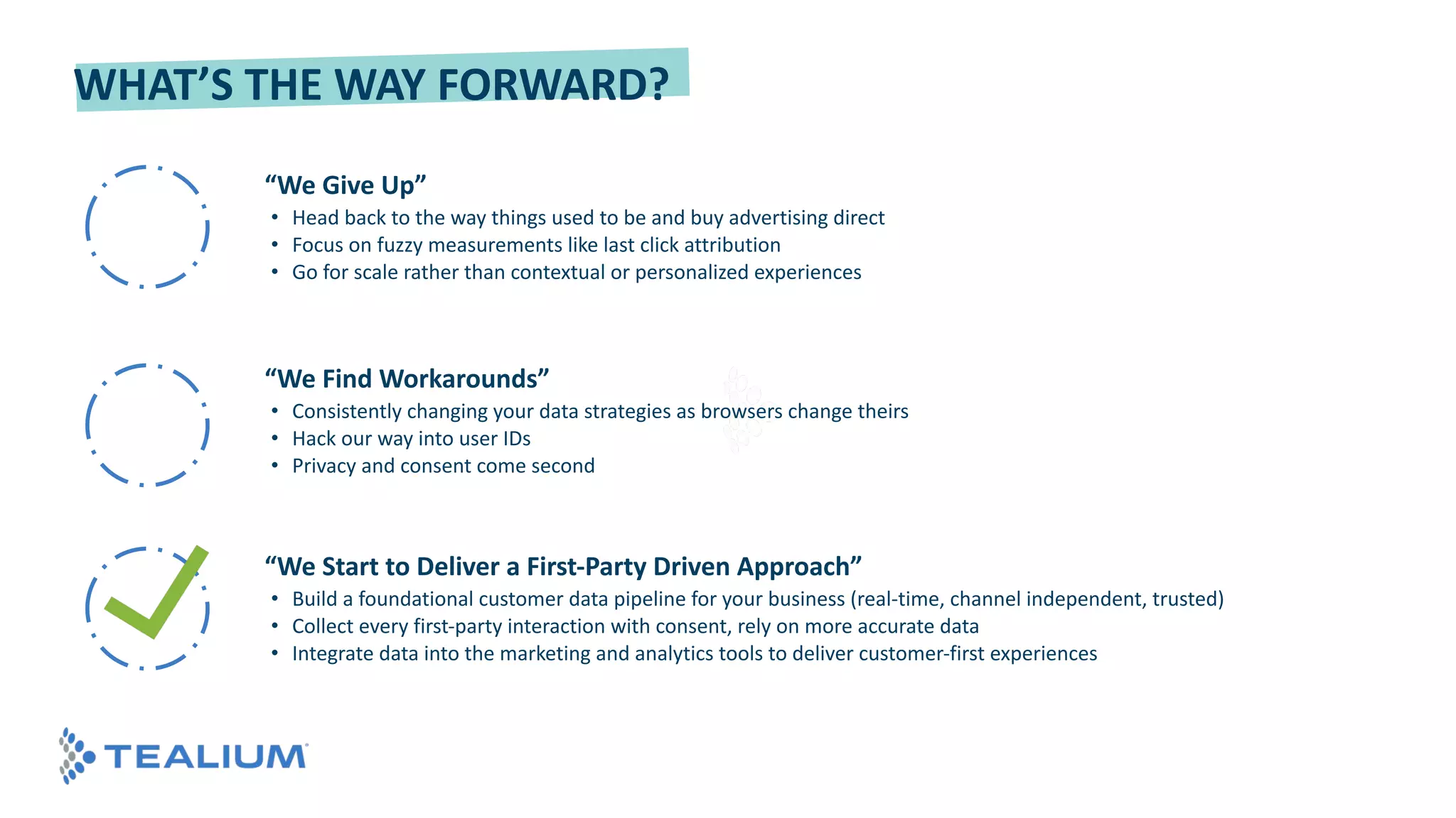 DATA
ACCURACY
AND QUALITY
REAL-TIME
DATA COLLECTION
MAKE DATA
AVAILABLE
EVERYWHERE
WHAT’S THE WAY FORWARD?
“We Give Up”
• Head back to the way things used to be and buy advertising direct
• Focus on fuzzy measurements like last click attribution
• Go for scale rather than contextual or personalized experiences
“We Find Workarounds”
• Consistently changing your data strategies as browsers change theirs
• Hack our way into user IDs
• Privacy and consent come second
“We Start to Deliver a First-Party Driven Approach”
• Build a foundational customer data pipeline for your business (real-time, channel independent, trusted)
• Collect every first-party interaction with consent, rely on more accurate data
• Integrate data into the marketing and analytics tools to deliver customer-first experiences
 