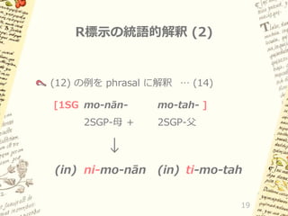 R標示の統語的解釈 (2)

(12) の例を phrasal に解釈 … (14)
[1SG mo-nān-

2SGP-母 +

mo-tah- ]

2SGP-父

↓
(in) ni-mo-nān

(in) ti-mo-tah
19

 