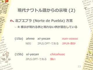 現代ナワトル語からの示唆 (2)
北プエブラ (Norte de Puebla) 方言
– R 標示が現れる例と現れない例が混在している

(15a)

xi-yecan

nan-xoxos

NEG

(15b)

ahmo

2PLS.OPT-である

2PLR-愚か

xi-yecan

chicahuac

2PLS.OPT-である

強い
23

 