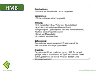 HMB   Beschreibung:
      Wird aus der Aminosäure Leucin hergestellt

      Vorkommen:
      Wird vom Körper selbst hergestellt

      Wirkung:
      Anti- Katabolisch (Bsp. Verhindert Muskelabbau)
      Anabolisch (stimuliert den Muskelaufbau)
      Steigerung der Lipolyse (mehr Fett wird verstoffwechselt)
      Kürzere Muskelregenrationszeit
      Schutz vor Muskelkater
      Schnellerer Muskelaufbau

      Behauptung:
      Eine optimale Versorgung durch Ergänzung soll die
      beschriebenen Wirkungen garantieren.

      Ergebnis:
      Ein gesunder Körper produziert genug HMB. Es hat sich
      gezeigt, dass in Kombination mit Sport ein positiver Effekt
      auftrat, jedoch nur für etwa 6 Wochen, danach keine
      Verbesserung mehr.




                                                           www.myfoodconcept.net
 
