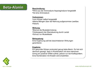 Beta-Alanin   Beschreibung:
              Wird aus der Aminosäure Asparaginsäure hergestellt
              Ist eine Aminosäure

              Vorkommen:
              vom Körper selbst hergestellt
              kleine Mengen über die Nahrung aufgenommen (weißes
              Fleisch)

              Wirkung:
              Bremst die Muskelermüdung
              Verlangsamt die Übersäuerung durch Lactat
              Schutz vor Muskelkater

              Behauptung:
              Eine Ergänzung soll die beschriebenen Wirkungen
              garantieren.

              Ergebnis:
              Ein gesunder Körper produziert genug beta-Alanin. Es hat sich
              dennoch gezeigt, dass in Kombination mit eine intensiven
              trining ein positiver Effekt auftrat, jedoch nur bei Kraftsportlern.
              Eine Kombination mit Kreatin wird empfohlen.




                                                                       www.myfoodconcept.net
 