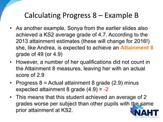 Calculating Progress 8 – Example B
• As another example, Sonya from the earlier slides also
achieved a KS2 average grade of 4.7. According to the
2013 attainment estimates (these will change for 2016!)
she, like Andrea, is expected to achieve an Attainment 8
grade of 49 (or 4.9)
• However, a number of her qualifications did not count in
the Attainment 8 measures, leaving her with an actual
score of 2.9
• Progress 8 = Actual attainment 8 grade (2.9) minus
expected attainment 8 grade (4.9) = -2
• This means that this student achieved an average of 2
grades worse per subject than other pupils with the same
prior attainment at KS2.
 