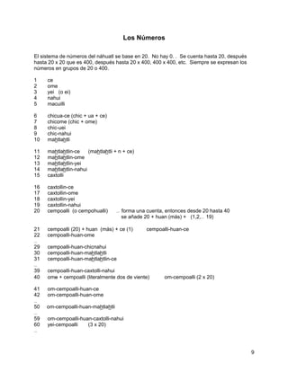 Los Números

El sistema de números del náhuatl se base en 20. No hay 0. . Se cuenta hasta 20, después
hasta 20 x 20 que es 400, después hasta 20 x 400, 400 x 400, etc. Siempre se expresan los
números en grupos de 20 o 400.

1    ce
2    ome
3    yei (o ei)
4    nahui
5    macuilli

6    chicua-ce (chic + ua + ce)
7    chicome (chic + ome)
8    chic-uei
9    chic-nahui
10   mahtlahtli

11   mahtlahtlin-ce    (mahtlahtli + n + ce)
12   mahtlahtlin-ome
13   mahtlahtlin-yei
14   mahtlahtlin-nahui
15   caxtolli

16   caxtollin-ce
17   caxtollin-ome
18   caxtollin-yei
19   caxtollin-nahui
20   cempoalli (o cempohualli)      … forma una cuenta, entonces desde 20 hasta 40
                                      se añade 20 + huan (más) + (1,2,… 19)

21   cempoalli (20) + huan (más) + ce (1) ⇒     cempoalli-huan-ce
22   cempoalli-huan-ome
…
29   cempoalli-huan-chicnahui
30   cempoalli-huan-mahtlahtli
31   cempoalli-huan-mahtlahtlin-ce
…
39   cempoalli-huan-caxtolli-nahui
40   ome + cempoalli (literalmente dos de viente) ⇒    om-cempoalli (2 x 20)

41   om-cempoalli-huan-ce
42   om-cempoalli-huan-ome
…
50   om-cempoalli-huan-mahtlahtli
…
59   om-cempoalli-huan-caxtolli-nahui
60   yei-cempoalli   (3 x 20)
…



                                                                                            9
 