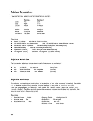 Adjetivos Demostrativos

Hay dos formas. La primera forma es la más común.

                 Forma 1          Forma 2
     este        nin              inin
     ese         non              inon
     aquel       neca             in-neca

     estos       ninque           ininque
     esos        nonque           inonque
     aquellos    necaten          in-necaten


Ejemplos:
• tlacatl (hombre) ⇒ nin tlacatl (este hombre)
• chicahuac-tlacatl (hombre fuerte) ⇒ non chicahuac-tlacatl (ese hombre fuerte)
• tlal-teoyotl (tierra sagrada) ⇒ neca tlal-teoyotl (aquella tierra sagrada)
• xochime (flores) ⇒ ninque xochime (estas flores)
• tlapechme (mesas) ⇒ nonque tlapechme (esas mesas)
• cihua-pilme (niñas) ⇒ necaten cihua-pilme (aquellas niñas)



Adjetivos Numerales

Se forman los adjetivos numerales con el número más el sustantivo:

• un         ce tlacatl ⇒ un hombre                 (singular)
• dos        ome cihuame ⇒ dos mujeres              (plural)
• tres       yei tlapechme ⇒ tres mesas             (plural)



Adjetivos Indefinidos

En náhuatl, no hay formas masculinas ni femeninas (o sea miac = mucho o mucha). También,
por lo general no se distingue entre singular y plural (o sea miac = mucho o muchos)
pero hay excepciones (por ejemplo, para cosas, itla = algún, cequi = algunos; nochi = todo,
nochtin = todos). También se distingue entre personas y cosas o animales (por ejemplo, itla =
alguna cosa, aca = alguna persona).

Ejemplos:
• algunas cosas ⇒ cequi                 algunos libros ⇒ cequi amoxme
• alguna cosa ⇒ itla                    algún libro ⇒ itla amoxtl
• alguna persona ⇒ aca                  algún niño ⇒ aca pilli
                                        algunos niños ⇒ aca pilme




14
 