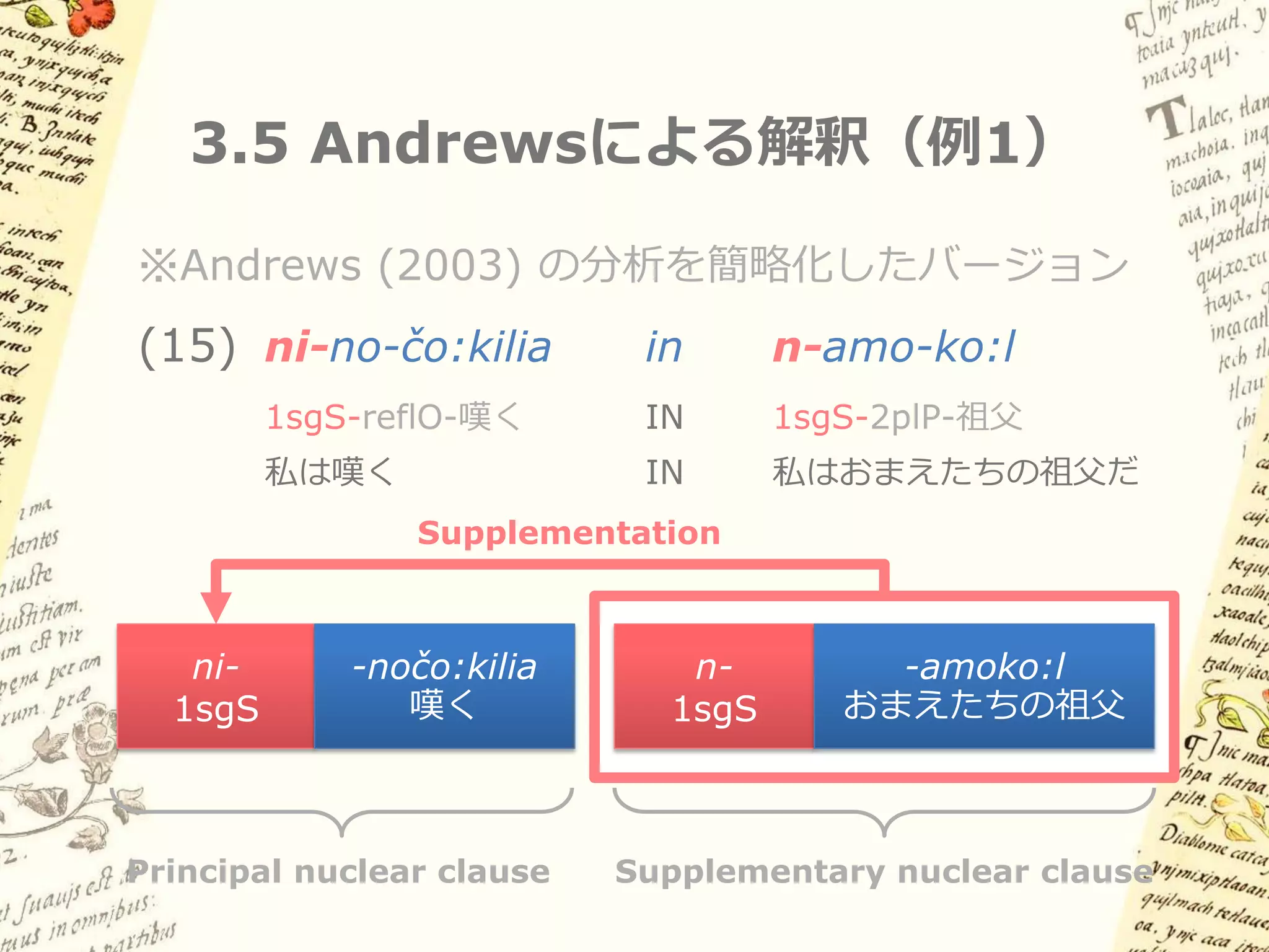 3.5 Andrewsによる解釈

Andrews (2003):
  古典ナワトル語では、すべての名詞・動詞は「節」
  (“nuclear clause”)
  – “Omniclausality”（本発表の造語）

  Nuclear clauseには主語部と述語部がある
  – 人称接辞は拘束形代名詞

  語どうしはcross-referenceにより結合している
  古典ナワトル語では「語」「名詞」などの概念は
  分析上有効ではない
 