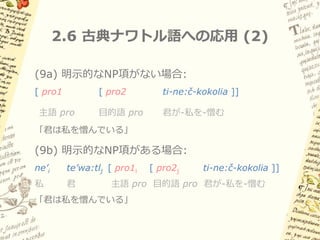 2.6 古典ナワトル語への応用 (1)

Baker (1996) による分析:
– Polysynthetic languageのNP argumentは
 すべてadjunctである (Jelinek 1984)

– Polysynthetic languageにおいては、英語や
 スペイン語で主語・目的語NPが占めるような
 項位置は常に空 (pro) である

– 妥当性のほどは不明
 
