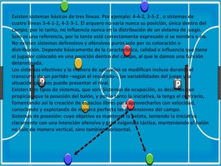 Existen sistemas básicos de tres líneas. Por ejemplo: 4-4-2, 3-5-2 , o sistemas de 
cuatro líneas 3-4-1-2, 4-2-3-1. El arquero no varía nunca su posición, única dentro del 
campo, por lo tanto, no influencia nunca en la distribución de un sistema de juego. 
Solo es una referencia, por lo tanto está correctamente expresado si se nombra o no. 
No existen sistemas defensivos y ofensivos puros solo por su colocación o 
distribución. Depende básicamente de la característica, calidad e influencia que tiene 
el jugador colocado en una posición dentro del campo, al que le damos una función 
determinada. 
Los sistemas efectivos y la manera de aplicarlos se modifican incluso durante el 
transcurso de un partido –según el resultado–, las variabilidades del juego y la 
situación que nos puede presentar el rival. 
Existen tres tipos de sistemas, que son: Sistemas de ocupación, es decir, los que 
propician que la posesión del balón, y por lo tanto la iniciativa, la tenga el contrario, 
fomentando así la creación de espacios libres para aprovecharlos con velocidad, 
conociendo y explotando de manera perfecta las dimensiones del campo. 
Sistemas de posesión: cuyo objetivo es mantener la pelota, teniendo la iniciativa 
claramente con una intención ofensiva y gran exigencia táctica, manteniendo el balón 
no solo de manera vertical, sino también horizontal. 
 