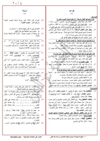 011‫معلومة‬‫نحوية‬‫تعالى‬ ‫هللا‬ ‫شاء‬ ‫إن‬ ‫االمتحان‬ ‫عنها‬ ‫يخرج‬ ‫ال‬‫النموذجية‬ ‫اإلجابات‬ ‫على‬ ‫احصل‬benzaker.com
‫قواعد‬

: ‫النواسخ‬
: ‫ناسخة‬ ‫أفعال‬ ‫وأخواتها‬ ‫كان‬‫المبتدأ‬ ‫ترفع‬ [] ‫الخبر‬ ‫تنصب‬
45.( ً‫فعال‬ ‫عشر‬ ‫ثالثة‬‫كان‬:‫المضي‬)(‫أصبح‬-‫أضحى‬-‫أمسى‬-‫بات‬–
‫صار‬:‫التحول‬ ‫على‬ ‫تدل‬ ‫أفعال‬ ‫كلها‬)(َ‫ح‬ ِ‫ر‬َ‫ب‬ ‫ما‬-َّ‫َك‬‫ف‬ْ‫ن‬‫ا‬ ‫ما‬-‫فتيء‬ ‫ما‬
-َ‫ل‬‫ا‬ َ‫ز‬ ‫ما‬-َ‫دام‬ ‫ما‬‫االستمرار‬ ‫على‬ ‫تدل‬ ‫كلها‬( )َ‫ليس‬‫النفي‬ ‫على‬ ‫تدل‬. )
46.: ‫السابقة‬ ‫األفعال‬ ‫عمل‬ ‫يبطل‬‫المعانى‬ ‫على‬ ‫السابقة‬ ‫األفعال‬ ‫تدل‬ ‫لم‬ ‫إذا‬
: ‫المطر‬ ‫فكان‬ ‫خرجت‬ : ً‫فاعال‬ ‫ترفع‬ ‫تامة‬ ً‫أفعاال‬ ‫تصبح‬ ‫أمامها‬ ‫المحددة‬
‫نزل‬ ‫أو‬ ‫حدث‬ ‫بمعنى‬ ‫كان‬ ‫ألن‬ ‫فاعل‬ ‫المطر‬
47.‫الناسخة‬ ‫األفعال‬ ‫تعمل‬‫ماضية‬‫أو‬‫مضارع‬‫ة‬‫أمر‬ ‫أو‬.
] ‫الخبر‬ ‫وترفع‬ ‫المبتدأ‬ ‫تنصب‬ [ : ‫ناسخة‬ ‫حروف‬ ‫وأخواتها‬ ‫إن‬
48.‫ل‬ ‫لكن‬ ‫كأن‬ ‫أن‬ ‫إن‬‫الجمل‬ ‫بداية‬ ‫فى‬ " ‫إن‬ " ‫همزة‬ ‫تكسر‬ . ‫لعل‬ ‫يت‬‫وبعد‬
‫حيث‬ ‫كال‬ ‫أال‬. ‫فقط‬ ‫المؤول‬ ‫المصدر‬ ‫حالة‬ ‫فى‬ ‫وتفتح‬ ،
49.‫وأخواتها‬ ‫إن‬ ‫عمل‬ ‫يلغى‬‫إ‬‫الكافة‬ " ‫ما‬ " ‫دخلت‬ ‫ذا‬‫أن‬ ‫يجوز‬ ‫ليت‬ ‫عدا‬ ‫ما‬
. ‫عملها‬ ‫يبطل‬ ‫أو‬ ‫تعمل‬
‫وأخواتها‬ ‫كاد‬] ‫نصب‬ ‫محل‬ ‫فى‬ ‫فعلية‬ ‫جملة‬ ‫وخبرها‬ ‫المبتدأ‬ ‫ترفع‬ [
50.‫المقاربة‬. ‫أوشك‬ ‫كاد‬ :‫الرجاء‬.. ‫عسى‬ :‫الشروع‬‫شرع‬ ‫بدأ‬ ‫أخذ‬ :
. ‫ًا‬‫ع‬‫مضار‬ ‫يكون‬ ‫أن‬ ‫البد‬ ‫األفعال‬ ‫هذه‬ ‫خبر‬ . ‫أنشأ‬ ‫جعل‬ ‫طفق‬
‫أن‬ ‫دخول‬ ‫يجوز‬. ‫الشروع‬ ‫مع‬ ‫يجوز‬ ‫وال‬ ‫والرجاء‬ ‫المقاربة‬ ‫مع‬
51.‫اسمها‬ ‫ويعرب‬ ‫عملها‬ ‫يبطل‬ ‫ًا‬‫ع‬‫مضار‬ ‫وأخواتها‬ ‫كاد‬ ‫خبر‬ ‫يأت‬ ‫لم‬ ‫إذا‬
‫كاد‬ : ‫فاعال‬‫الرجل‬. ‫فاعل‬ : ‫لعدوه‬
‫ال‬ ‫ال‬] ‫خبرها‬ ‫وترفع‬ ‫تبنيه‬ ‫أو‬ ‫اسمها‬ ‫تنصب‬ [ : ‫للجنس‬ ‫نافية‬
52.‫اسمها‬ . ‫جر‬ ‫حرف‬ ‫يسبقها‬ ‫وال‬ ‫فاصل‬ ‫بدون‬ ‫نكرة‬ ‫اسمها‬ : ‫شروطها‬
. ‫منصوب‬ ‫بالمضاف‬ ‫والشبيه‬ ‫والمضاف‬ ‫مبنى‬ ‫المفرد‬
، ‫مرفوع‬ ‫للجنس‬ ‫النافية‬ ‫ال‬ ‫خبر‬. ‫خبرها‬ ‫يحذف‬ ‫قد‬
53.‫أو‬ ، ‫مجرور‬ ‫اسمها‬ ‫جر‬ ‫حرف‬ : ‫بسبب‬ ‫عملها‬ ‫يلغى‬ ‫للجنس‬ ‫النافية‬ ‫ال‬
‫ل‬‫مبتدأ‬ ‫اسمها‬ ‫ويعرب‬ ‫اسمها‬ ‫لتعريف‬ ‫أو‬ ‫اسمها‬ ‫وبين‬ ‫بينها‬ ‫فاصل‬ ‫وجود‬
54.‫بناسخ‬ ‫المتصل‬ ‫الضمير‬ً‫ال‬‫فع‬ ‫أو‬ ‫ا‬ً‫ف‬‫حر‬ ‫سواء‬.‫الناسخ‬ ‫لهذا‬ ‫أ‬ً‫م‬ً‫س‬‫ا‬ ‫يعرب‬
‫المنصوبات‬
55.: ‫به‬ ‫المفعول‬‫اسم‬‫هللا‬ ‫خلق‬ :‫الناس‬‫أو‬ .‫متصل‬ ‫ضمير‬‫يرزق‬ ‫هللا‬ :‫نا‬
.‫منفصل‬ ‫ضمير‬:‫إياك‬‫أو‬ . ‫نعبد‬‫مؤول‬ ‫مصدر‬‫أحب‬ :‫أصوم‬ ‫أن‬‫أو‬
‫جملة‬: ‫محمد‬ ‫قال‬ :‫حق‬ ‫اإلسالم‬.
56.‫به‬ ‫المفعول‬ ‫يتعدد‬‫حسب‬ ‫ظن‬ ( ‫مفعولين‬ ‫تنصب‬ ‫التي‬ ‫األفعال‬ ‫مع‬ :
‫يدل‬ ‫وجد‬ ‫رأى‬ ‫علم‬ / ‫الرجحان‬ ‫أو‬ ‫الظن‬ ‫على‬ ‫معناها‬ ‫تدل‬ : ‫خال‬ ‫زعم‬
‫محمد‬ ‫حسب‬ : ‫اليقين‬ ‫على‬ ‫معناها‬‫العلم‬ً‫ال‬‫سه‬‫رأىت‬ .‫اإلسالم‬ً‫ال‬‫سبي‬
‫ـ‬ ‫جعل‬ ‫ـ‬ ‫َّر‬‫ي‬‫ص‬ .. ‫الحق‬ ‫إلى‬‫ـ‬ ‫اتخذ‬‫يدل‬ ‫رد‬‫التح‬ ‫على‬ ‫معناها‬: ‫ويل‬
‫النجار‬ ‫جعل‬‫الخشب‬‫ا‬ً‫ب‬‫با‬.
57.‫تنصب‬ ‫أمامها‬ ‫المحددة‬ ‫المعاني‬ ‫على‬ ‫السابقة‬ ‫األفعال‬ ‫تدل‬ ‫لم‬ ‫إذا‬
‫ًا‬‫د‬‫واح‬ ً‫ال‬‫مفعو‬‫حسب‬ :‫رأ‬ .‫النقود‬ ‫المحاسب‬‫يت‬‫ًا‬‫د‬‫محم‬.
58.: ‫ألجله‬ ‫المفعول‬‫عنه‬ ‫ويسأل‬ ‫الفعل‬ ‫وقوع‬ ‫سبب‬ ‫لبيان‬ ‫يذكر‬ ‫مصدر‬
. ‫النجاح‬ ‫فى‬ ً‫ال‬‫أم‬ ‫أذاكر‬ : ‫بلماذا‬
‫أسئلة‬

45.‫المبتدأ‬ ‫تنصب‬ ‫ا‬ً‫خ‬‫ناس‬ ‫ا‬ً‫ف‬‫حر‬ ‫عشر‬ ‫ثالثة‬ ‫كان‬ ‫أخوات‬
. ‫الخبر‬ ‫وترفع‬‫العبارة‬ ‫ب‬‫صو‬.
46.‫تكون‬ ‫ال‬ ‫حتى‬ ‫قاتلوهم‬‫فتنة‬‫فاعل‬ (–. ) ‫كان‬ ‫اسم‬
‫يكن‬ ‫جيد‬ ‫تخطيط‬ ‫يوجد‬ ‫حيثما‬‫التقدم‬
47.‫ًأ‬‫ب‬‫إعرا‬ ‫الجملة‬ ‫هذه‬ ‫أعرب‬ : ً‫ال‬‫جمي‬ ‫الوجود‬ ‫تر‬ ً‫ال‬‫جمي‬ ‫كن‬
.ً‫ال‬‫كام‬
48.‫كسرت‬ ‫لماذا‬ : ‫ناجح‬ ‫إنك‬ ‫وهللا‬‫؟‬ " ‫إن‬ " ‫همزة‬‫أن‬
‫؟‬ "‫أن‬ " ‫همزة‬ ‫فتحت‬ ‫لماذا‬ : ‫لكم‬ ‫خير‬ ‫تصوموا‬
49.‫منصوب‬ ‫ليت‬ ‫اسم‬ ( : ‫الشباب‬ ‫كلمة‬ : ‫يفيق‬ ‫الشاب‬ ‫ليتما‬–
‫مرفوع‬ ‫مبتدأ‬–) ‫صحيح‬ ‫كالهما‬
50.: ‫يتقدموا‬ ‫أن‬ ‫المصريون‬ ‫أخذت‬‫الخطأ‬ ‫ب‬‫صو‬‫بدأ‬ .
‫المهندسون‬‫بدأ‬ . ‫يبنون‬‫المهندسون‬‫أعرب‬ ‫البناء‬
."‫"المهندسون‬
51.‫حقي‬ ‫أخذت‬–‫فى‬ " ‫ت‬ " ‫الضمير‬ ‫أعرب‬ . ‫أتعلم‬ ‫أخذت‬
. ‫أخذت‬ ‫الفعلين‬
‫فى‬ ‫موفقون‬ ‫الشباب‬ ‫مشكالت‬ ‫لحل‬ ‫الساعين‬ ‫إن‬
.‫يلزم‬ ‫ما‬ ‫وغير‬ ‫إن‬ ‫"عسى"مكان‬ ‫ضع‬ ‫سعيهم‬‫.ع‬ ‫ث‬
52.‫أعرب‬‫خط‬ ‫تحته‬ ‫ما‬:‫ال‬‫صوت‬‫ال‬ . ‫الحق‬ ‫صوت‬ ‫يعلو‬
‫طالب‬‫ال‬ . ‫مهمل‬ ‫علم‬‫الرجل‬‫بالظلم‬ ‫يرضيان‬ ‫المرأة‬ ‫وال‬
‫مهمل‬ ‫ال‬‫ناجح‬.
53.‫بال‬ ‫أحبك‬‫شك‬‫أعرب‬ .
54.‫بكذاب‬ ‫لست‬-‫مصر‬ ‫تقدم‬ ‫على‬ ‫نعمل‬ ‫إنا‬–. ‫أصل‬ ‫كدت‬
. ‫السابقة‬ ‫الجمل‬ ‫فى‬ ‫ضمير‬ ‫كل‬ ‫أعرب‬
55.‫قلت‬ : ‫به‬ ‫مفعوال‬ ‫يكون‬ ‫ان‬ ‫يصلح‬ ‫ما‬ ‫كل‬ ‫تحت‬ ‫ا‬ً‫ط‬‫خ‬ ‫ضع‬
‫ولكن‬ ، ‫الناس‬ ‫كل‬ ‫ترضي‬ ‫أن‬ ‫تستطيع‬ ‫ال‬ : ‫لصديق‬ ‫ا‬ً‫م‬‫يو‬
. ‫رضاهم‬ ‫من‬ ‫ا‬ ً‫كثير‬ ‫يمنحوك‬ ‫احترمهم‬
56......... ‫و‬ ...... ‫و‬....... ‫و‬‫تدل‬ :‫الظن‬ ‫على‬ ‫معناها‬
‫الرجحان‬ ‫أو‬...... ‫و‬ .... ‫و‬ ....‫على‬ ‫معناها‬ ‫يدل‬
‫اليقين‬‫على‬ ‫معناها‬ ‫يدل‬ .......... ‫و‬ .......... ‫و‬ ......
‫التح‬‫ويل‬.
‫اإلنسان‬ ‫هللا‬ ‫جعل‬ً‫ال‬‫عاق‬‫حال‬ ( : ً‫ال‬‫عاق‬ ‫كلمة‬ :–
‫ثاني‬ ‫به‬ ‫مفعول‬–) ‫تمييز‬
57.‫رأيت‬. ‫الظالم‬ ‫رغم‬ ‫قادمة‬ ‫السفينة‬ ‫رأيت‬ . ‫ا‬ً‫ق‬‫صاد‬ ‫ًا‬‫د‬‫محم‬
‫األولى‬ ‫رأيت‬ ( ‫مفعولين‬ ‫ينصب‬ ‫الذي‬ ‫الفعل‬–‫رأيت‬
) ‫الثانية‬
58.‫أذاكر‬ً‫ال‬‫أم‬‫النجاح‬ ‫فى‬–‫أذاكر‬‫آمال‬. ‫أعرب‬ . ‫النجاح‬ ‫فى‬
 