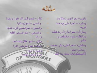 o‫فغ غفورارحيما‬‫ل‬‫فغ ا‬‫ن‬‫فغ نحووكا‬= ‫فغ‬‫ن‬‫كا‬
o ‫فغ‬‫ا‬‫فغ نحوزيدغني‬= ‫فغ‬‫ى‬‫فغ وامس‬
o‫فغ شذيذا‬‫د‬‫فغ البر‬‫ح‬‫فغ نحواصب‬= ‫فغ‬‫ح‬‫واصب‬
o ‫فغ‬‫ه‬‫فغ الفقي‬‫ى‬‫فغ نحواضح‬= ‫فغ‬‫ى‬‫فغ واضح‬
 ‫فغ‬‫ا‬‫ورع‬
o‫فغ ظلزيذصاءما‬‫ا‬‫فغ نحو‬= ‫فغ‬‫ل‬‫وظ‬
o‫فغ اهرا‬‫س‬‫فغ بتزيذ‬‫ا‬‫فغ نحو‬=‫وبات‬
o ‫فغ‬‫ا‬‫فغ نحو‬=‫وصار‬
‫صارالسعررخيصا‬
o‫فغ زيذقاءما‬‫س‬‫فغ لي‬‫ا‬‫فغ نحو‬=‫وليس‬
o ‫فغ‬‫د‬‫فغ محم‬‫ح‬‫فغ مابر‬‫ا‬‫فغ نحو‬= ‫فغ‬‫ه‬‫ومابر‬
‫كريما‬
o‫فغ زيدعالما‬‫ل‬‫فغ را‬‫ا‬‫فغ م‬‫ا‬‫فغ نحو‬=‫ومازال‬
o ‫فغ‬‫و‬‫فغ ماانفكعمر‬‫ا‬‫فغ نحو‬=‫وماانفك‬
‫جالس‬
o ‫فغ‬‫ا‬‫فغ محسن‬‫ر‬‫فغ بك‬‫ء‬‫فغ فتى‬‫ا‬‫فغ =نحو‬‫ء‬‫ومافتى‬
o ‫فغ‬‫ا‬‫فغ نحو‬=‫فغ وماذام‬
‫فغ اليك‬‫ا‬‫لاصحبكمادامزيدمتردد‬
 