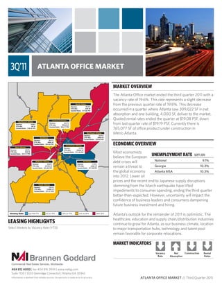 ATLANTA OFFICE MARKET
MARKET OVERVIEW
The Atlanta Office market ended the third quarter 2011 with a
vacancy rate of 19.6%. This rate represents a slight decrease
from the previous quarter rate of 19.8%. This decrease
occurred in a quarter where Atlanta saw 309,022 SF in net
absorption and one building, 4,000 SF, deliver to the market.
Quoted rental rates ended the quarter at $19.08 PSF, down
from last quarter rate of $19.19 PSF. Currently there is
765,077 SF of office product under construction in
Metro Atlanta.
ECONOMIC OVERVIEW
Most economists
believe the European
debt crises will
remain a threat to
the global economy
into 2012. Lower oil
prices and the recent end to Japanese supply disruptions
stemming from the March earthquake have lifted
impediments to consumer spending, ending the third quarter
better-than-expected. However, uncertainty will impact the
confidence of business leaders and consumers dampening
future business investment and hiring.
Atlanta’s outlook for the remainder of 2011 is optimistic. The
healthcare, education and supply chain/distribution industries
continue to grow for Atlanta, as our business climate, location
to major transportation hubs, technology and talent pool
remain favorable for corporate relocations.
Commercial Real Estate Services, Worldwide.
Brannen Goddard
404 812 4000 | fax 404 816 3939 | www.naibg.com
Suite 1100 | 5555 Glenridge Connector | Atlanta GA 30342
Information is deemed from reliable sources. No warranty is made as to its accuracy. ATLANTA OFFICE MARKET // Third Quarter 2011
Leasing Highlights in Select CoStar Markets
Color Coded by Vacancy Rate
Vacancy Rate: Less than 5% 5% to 10% 10% to 15% 15% to 20% Over 20%
North Fulton
Vacancy: 19.3%
YTD Abs: 67K SF
Quoted Rates: $17.82 PSF
Northlake
Vacancy: 11.9%
YTD Abs: (49)K SF
Quoted Rates: $17.48 PSF
West Atlanta
Vacancy: 26.8%
YTD Abs: 65K SF
Quoted Rates: $15.17 PSF
South Atlanta
Vacancy: 19.1%
YTD Abs: (129)K SF
Quoted Rates: $17.51 PSF
Northwest Atlanta
Vacancy: 19.8%
YTD Abs: 9K SF
Quoted Rates: $18.42 PSF
Northeast Atlanta
Vacancy: 22.5%
YTD Abs: (95)K SF
Quoted Rates: $16.63 PSF
Downtown Atlanta
Vacancy: 17.5%
YTD Abs: (356)K SF
Quoted Rates: $17.66 PSF
Central Perimeter
Vacancy: 22.9%
YTD Abs: (353)K SF
Quoted Rates: $20.17 PSF
Buckhead
Vacancy: 20.1%
YTD Abs: 685K SF
Quoted Rates: $23.32 PSF
Midtown Atlanta
Vacancy: 20.8%
YTD Abs: (417)K SF
Quoted Rates: $22.83 PSF
LEASING HIGHLIGHTS
Select Markets by Vacancy Rate (YTD)
UNEMPLOYMENT RATE SEPT 2011
National 9.1%
Georgia 10.3%
Atlanta MSA 10.3%
3Q’11
MARKET INDICATORS
Construction Rental
Rates
Net
Absorption
Vacancy
Rate
 