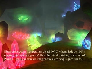Essas grutas, com  temperatura de até 60° C  e humidade de 100%, o berço dos cristais gigantes! Uma floresta de cristais ,  os maiores do  Planeta. Um lugar além da imaginação, além de qualquer  sonho... 