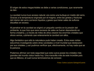 El origen de estos megacristales se debe a varias condiciones, que raramente
se dan.
La cavidad nunca tuvo acceso natural, era como una burbuja en medio del cerro.
Gracias a la temperatura originada por el magma, entre las grietas y fracturas
del interior del cerro corrieron líquidos y gases que traían sales de sulfuros
disueltas en exceso.
Al penetrar en la cavidad se originó un pequeño cambio en la presión del
ambiente, lo que hizo que esos excesos de sales se fueran depositando en
forma cristalina, y a través de miles de años crearan los enormes cristales que
ahora vemos, cubriendo casi enteramente la cavidad con ellos.
Algo fantástico que sólo la naturaleza pudo haber creado. Entre esas visitas
estuvimos investigando sobre otras cavidades a nivel mundial que destacaran
por sus cristales, y así pudimos verificar que, efectivamente, no hay nada que se
le parezca.
Podemos afirmar con toda seguridad que esta cueva posee los cristales más
grandes del mundo vistos hasta hoy. Una maravilla más de este increíble país
que es México, el cual nunca terminaremos de conocer.
Fotos: Carlos Lazcano SahagúnCuando
 