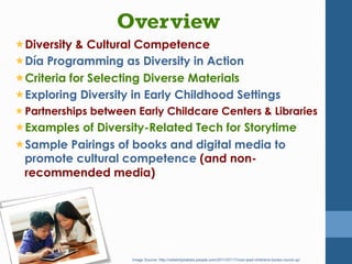 Overview
« Diversity & Cultural Competence
« Día Programming as Diversity in Action
« Criteria for Selecting Diverse Ma...