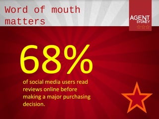 Word of mouth
matters




  68%
   of social media users read
   reviews online before
   making a major purchasing
   decision.
 