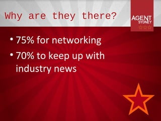 Why are they there?

• 75% for networking
• 70% to keep up with
  industry news
 