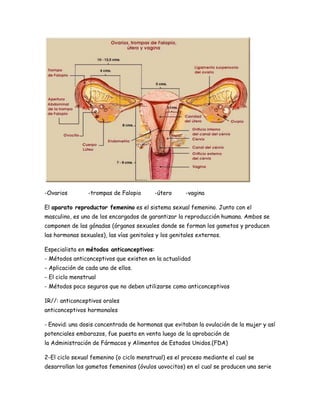 -Ovarios

-trompas de Falopio

-útero

-vagina

El aparato reproductor femenino es el sistema sexual femenino. Junto con el
masculino, es uno de los encargados de garantizar la reproducción humana. Ambos se
componen de las gónadas (órganos sexuales donde se forman los gametos y producen
las hormonas sexuales), las vías genitales y los genitales externos.
Especialista en métodos anticonceptivos:
- Métodos anticonceptivos que existen en la actualidad
- Aplicación de cada uno de ellos.
- El ciclo menstrual
- Métodos poco seguros que no deben utilizarse como anticonceptivos
1R//: anticonceptivos orales
anticonceptivos hormonales
- Enovid: una dosis concentrada de hormonas que evitaban la ovulación de la mujer y así
potenciales embarazos, fue puesta en venta luego de la aprobación de
la Administración de Fármacos y Alimentos de Estados Unidos.(FDA)
2-El ciclo sexual femenino (o ciclo menstrual) es el proceso mediante el cual se
desarrollan los gametos femeninos (óvulos uovocitos) en el cual se producen una serie

 