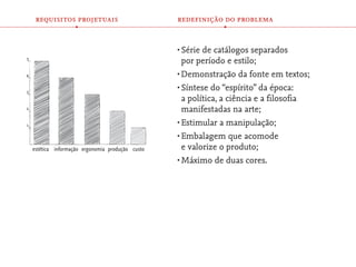 requisitos projetuais                         redefinição do problema
               •                                              •

                                                   •	Série de catálogos separados
5
                                                     por período e estilo;
4                                                  •	Demonstração da fonte em textos;
                                                   •	Síntese do “espírito” da época:
3
                                                     a política, a ciência e a ﬁlosoﬁa
2                                                    manifestadas na arte;
1
                                                   •	Estimular a manipulação;
                                                   •	Embalagem que acomode
    estética informação ergonomia produção custo     e valorize o produto;
                                                   •	Máximo de duas cores.
 